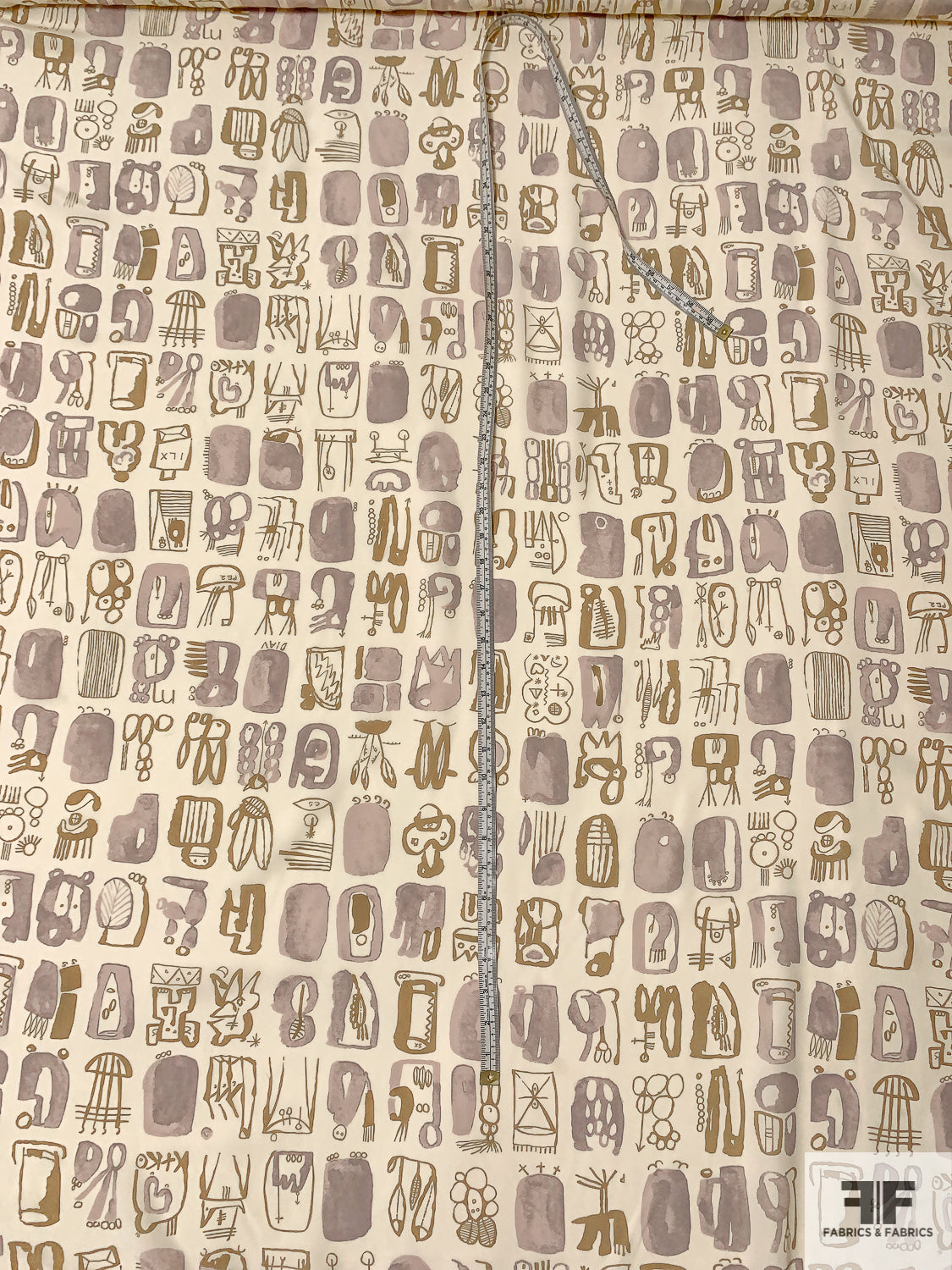Italian Child-Like Artwork Printed Silk Crepe de Chine - Ivory / Dusty Grey / Khaki