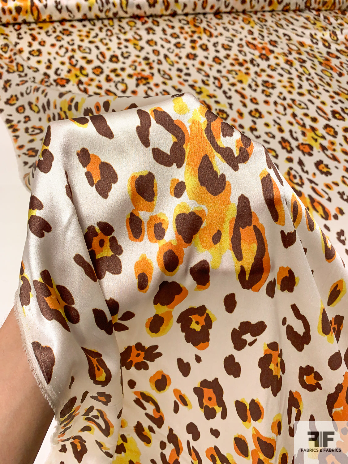 Italian Cheetah Printed Stretch Silk Charmeuse - Orange / Yellow / Brown / White