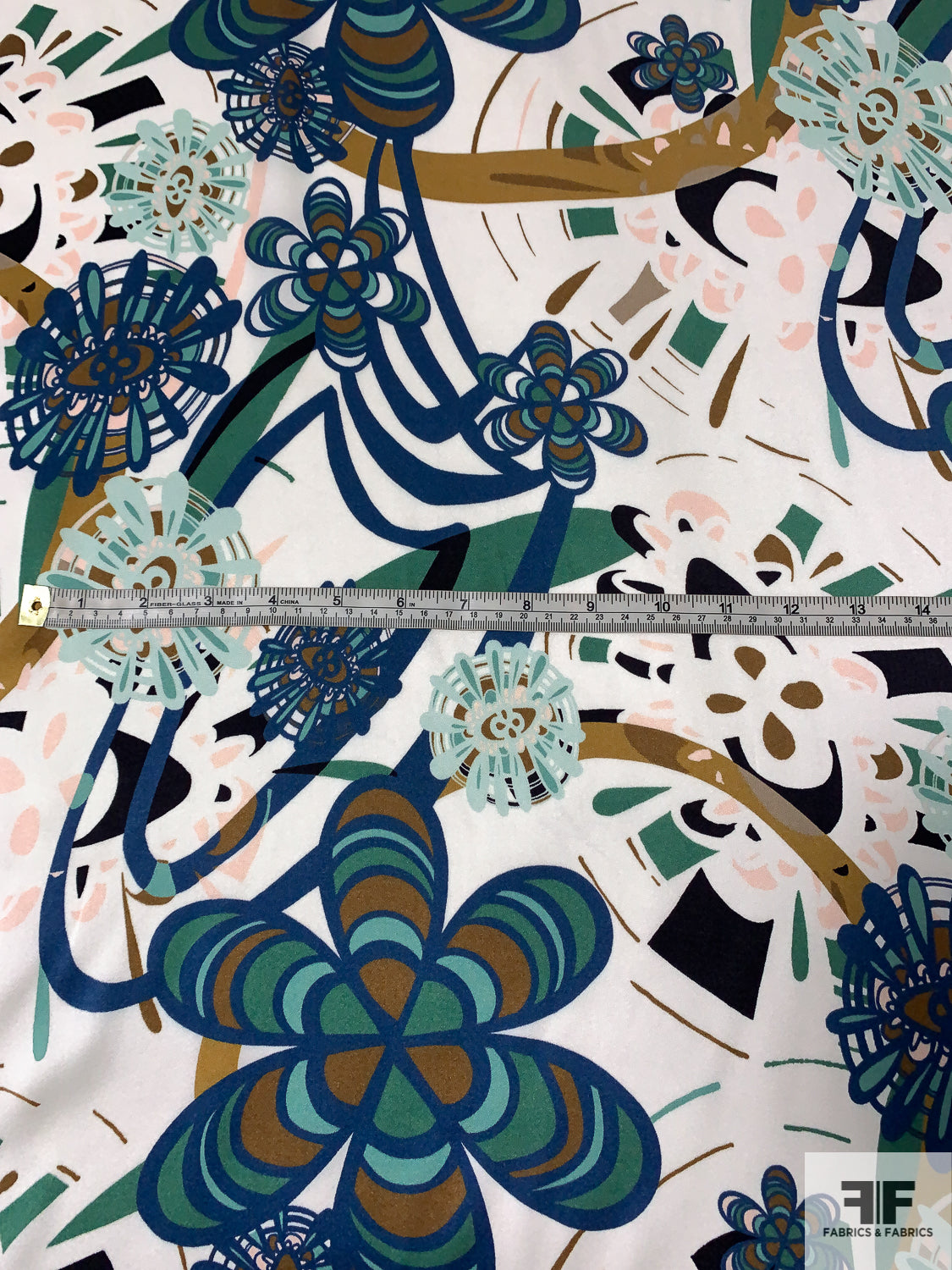 Groovy Flowers and Rings Printed Silk Charmeuse - Navy Blue / Sea Greens / Antique Gold