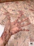 Exotic Sketch Floral Printed Slightly Crinkled Silk Chiffon - Nude / Salmon Pink / Black