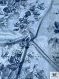 Romantic Floral Printed Silk Jacquard - Shades of Blue / Navy