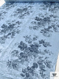 Romantic Floral Printed Silk Jacquard - Shades of Blue / Navy
