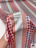 Checkerboard Striped Printed Silk Charmeuse - Baby Blue / Dusty Rose / PInks