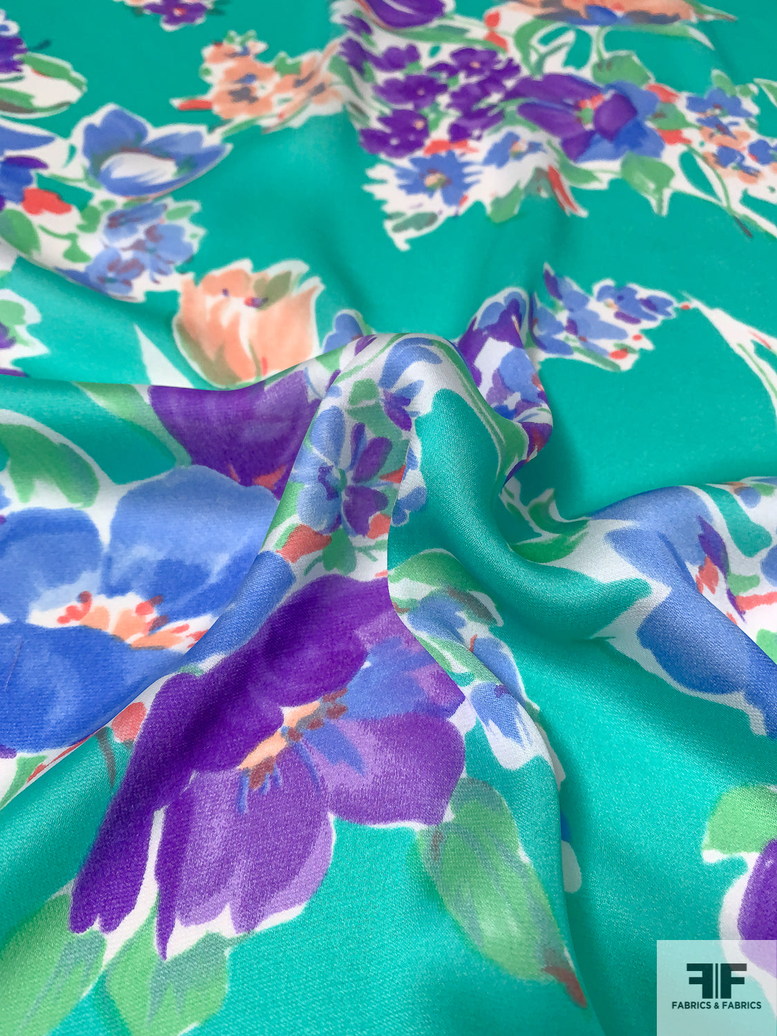 Italian Floral Bouquets Printed Silk Satin Georgette - Bermuda Green / Purple / Periwinkle / Coral