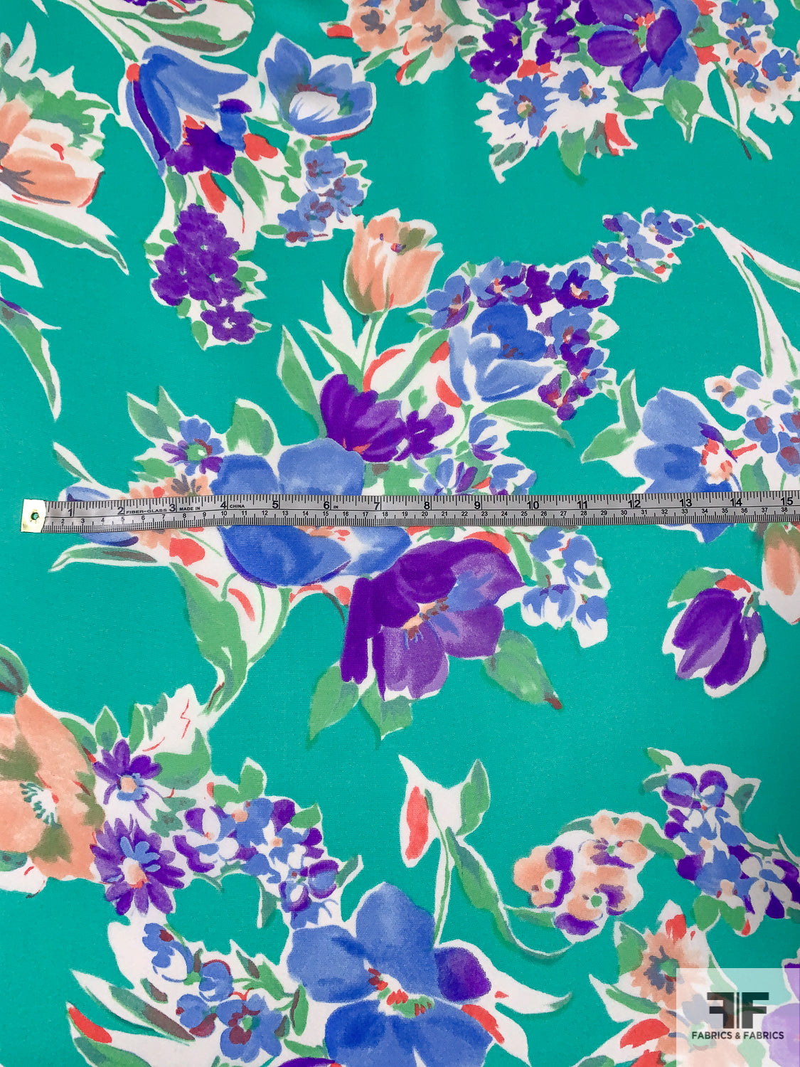 Italian Floral Bouquets Printed Silk Satin Georgette - Bermuda Green / Purple / Periwinkle / Coral