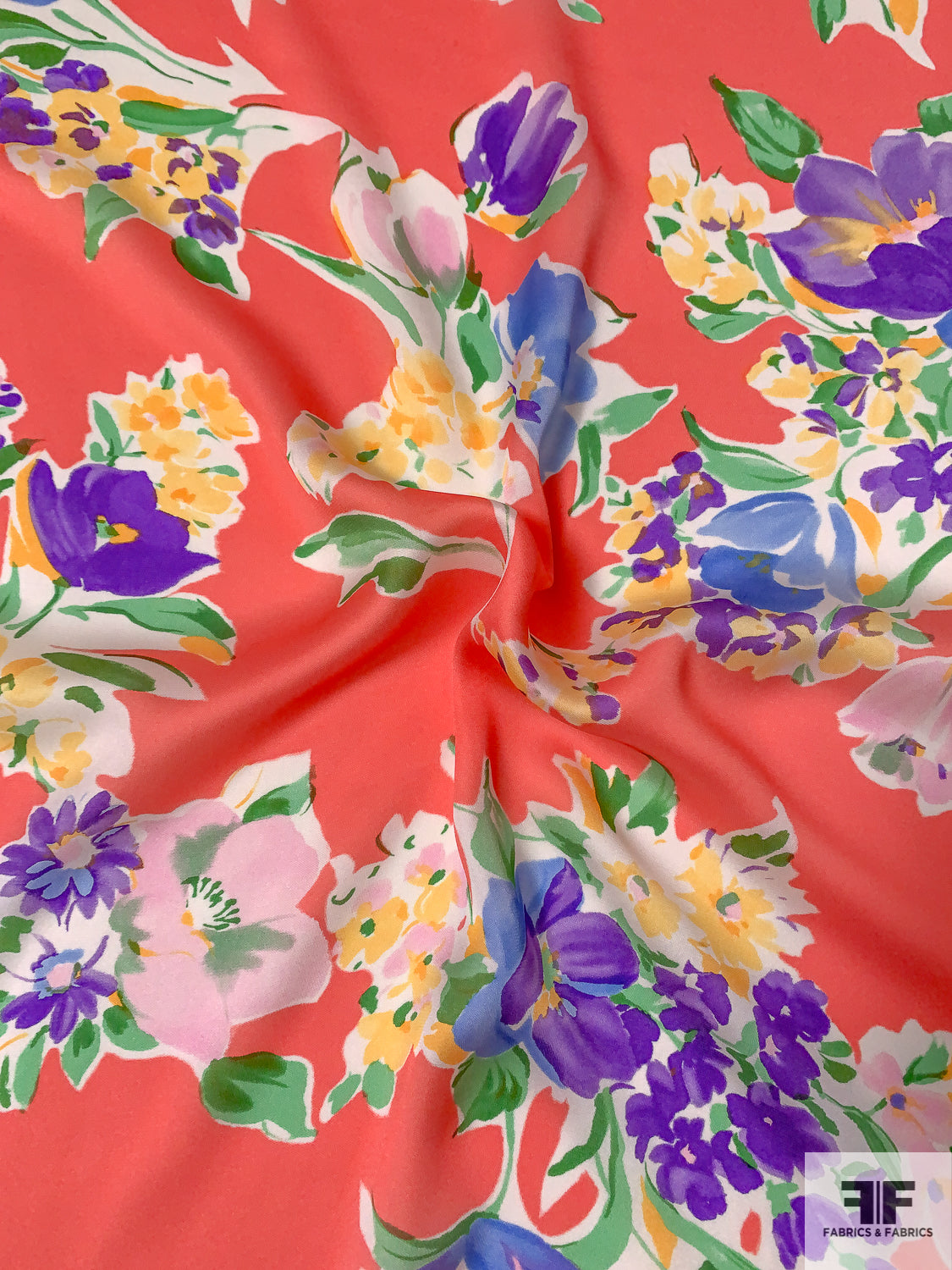 Italian Floral Bouquets Printed Silk Satin Georgette - Coral / Purple / Green / Pink
