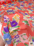 Italian Floral Bouquets Printed Silk Satin Georgette - Coral / Purple / Green / Pink