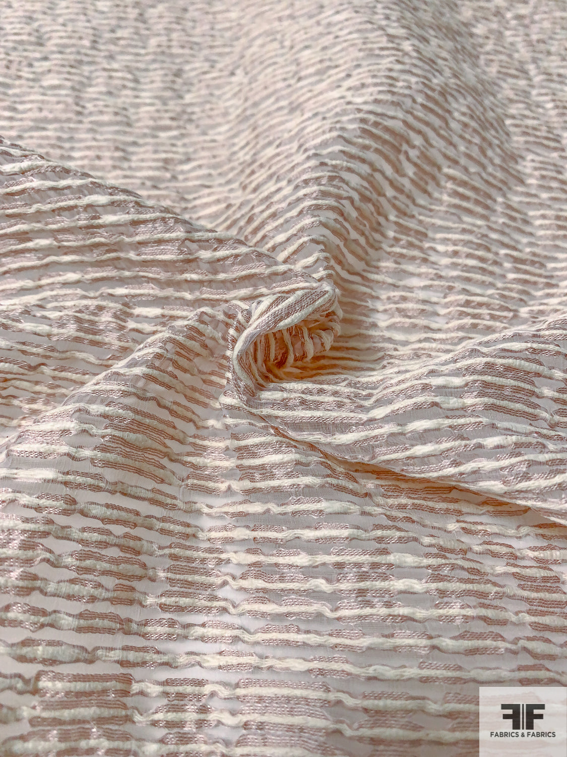 Italian Polyester Organza with Textured Horizontal Yarn Stripes - Light Dusty Rose / Cream / White