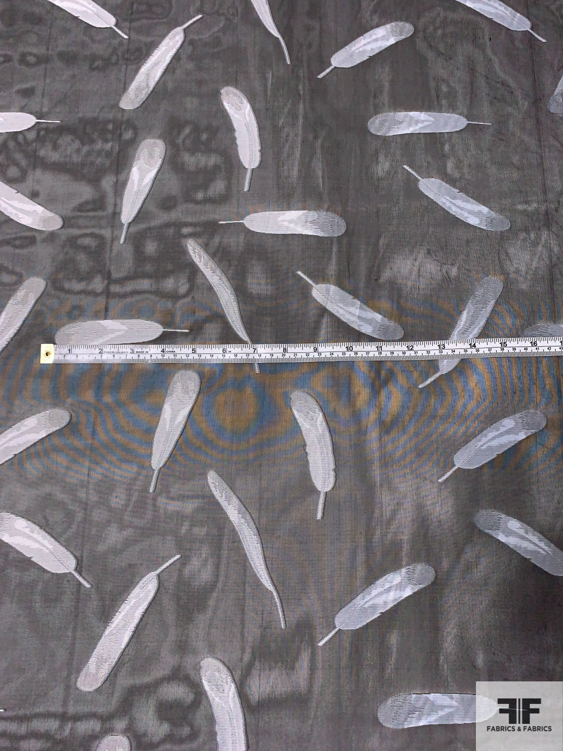 Polyester Organza with Jacquard Weave Feather Pattern - Black / Grey