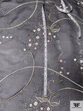 French Ornate Floral Border Pattern Embroidered Silk Organza with Lurex Detailing - Black / Light Gold / Silver / Pink