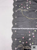 French Ornate Floral Border Pattern Embroidered Silk Organza with Lurex Detailing - Black / Light Gold / Silver / Pink