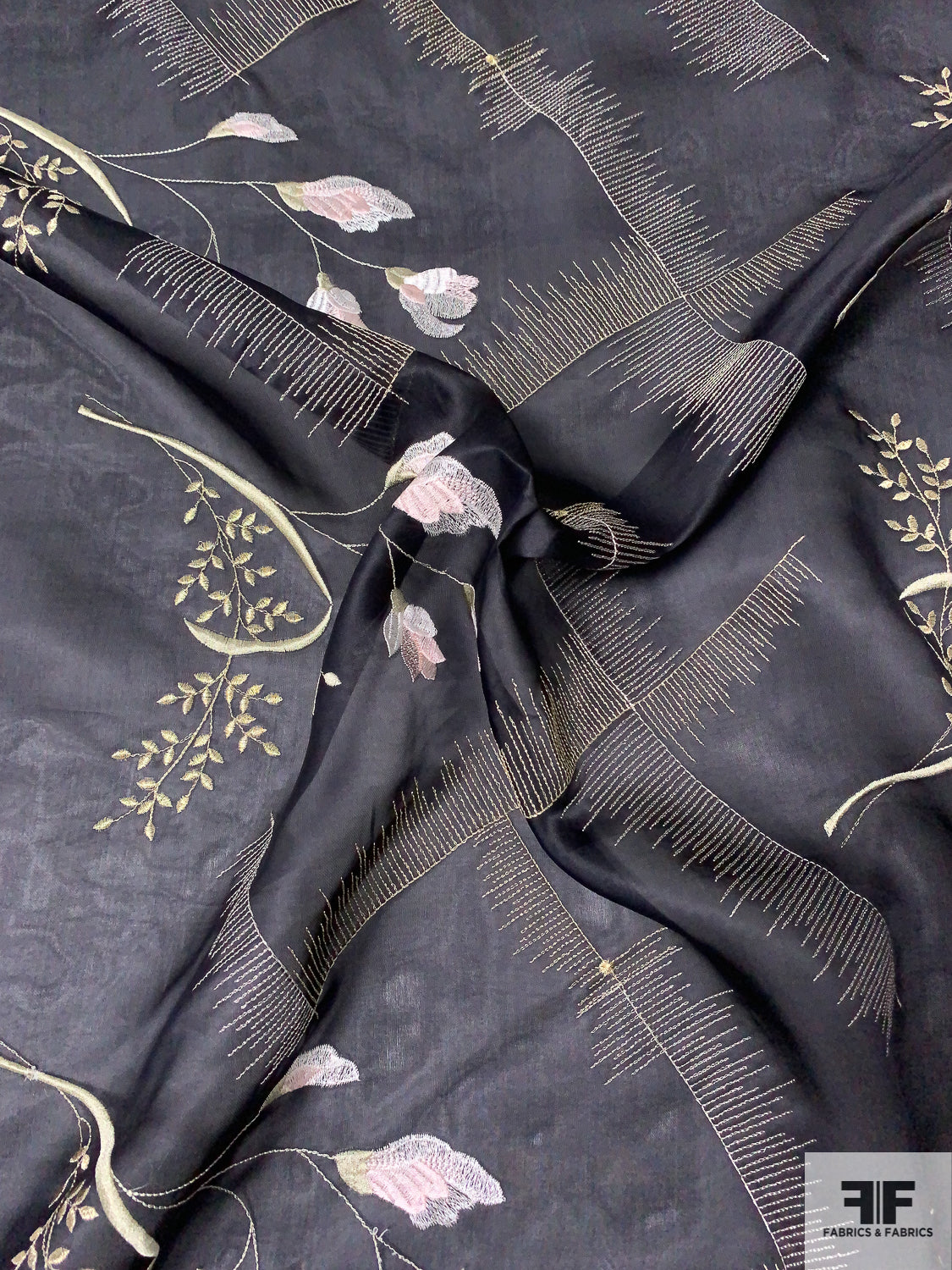 French Floral and Boxy Emboidered Fine Satin Face Organza - Black / Light Gold / Silver / Light Pink