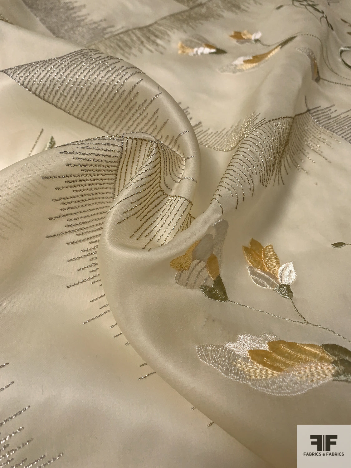 French Floral and Boxy Emboidered Fine Satin Face Organza - Cream / Silver / Yellow