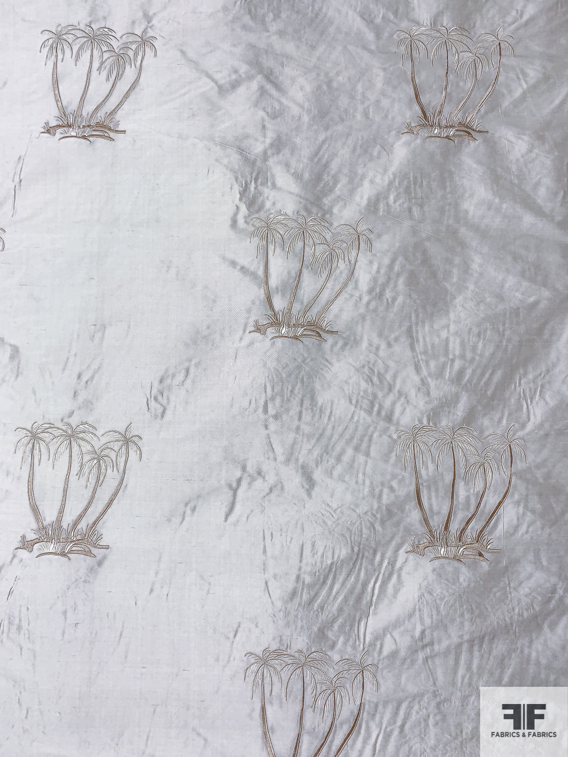 Palm Tree Embroidered Silk Shantung Taffeta - Ivory