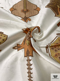 Medieval Ecclesiastical Inspired Printed Silk Shantung Taffeta - Off-White / Browns / Khaki