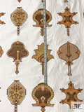 Medieval Ecclesiastical Inspired Printed Silk Shantung Taffeta - Off-White / Browns / Khaki