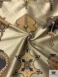 Medieval Ecclesiastical Inspired Printed Silk Shantung Taffeta - Faded Light Gold / Khaki / Dark Brown