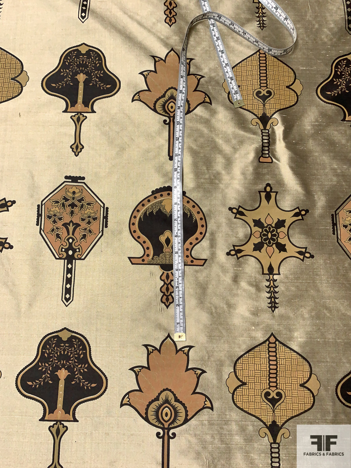 Medieval Ecclesiastical Inspired Printed Silk Shantung Taffeta - Faded Light Gold / Khaki / Dark Brown