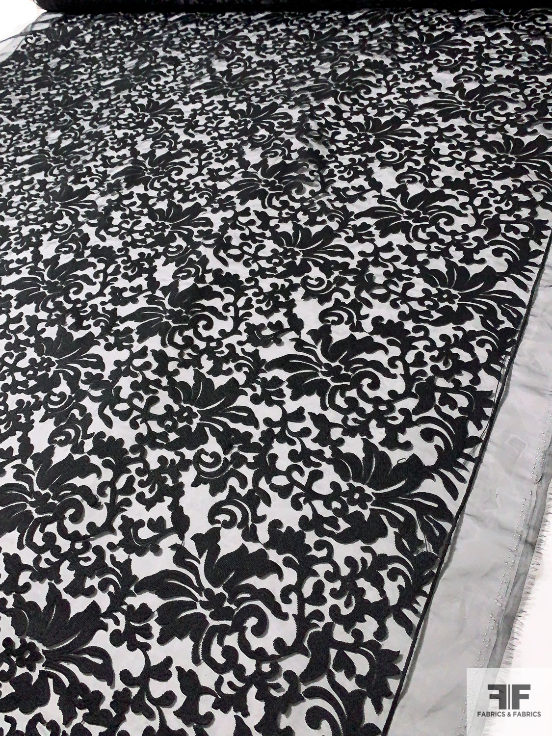 Damask-Like Floral Embroidered Polyester Organza - Black