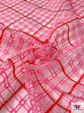 Crosshatch Grid Embroidered Eyelet Polyester Organza - Pink / Red / White