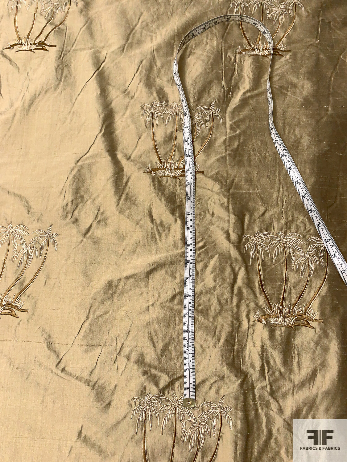 Palm Tree Embroidered Silk Shantung Taffeta - Antique Brass