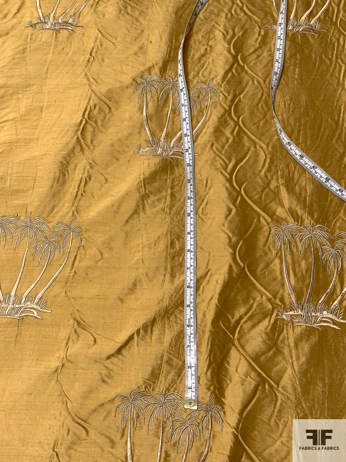 Palm Tree Embroidered Silk Shantung Taffeta - Antique Gold