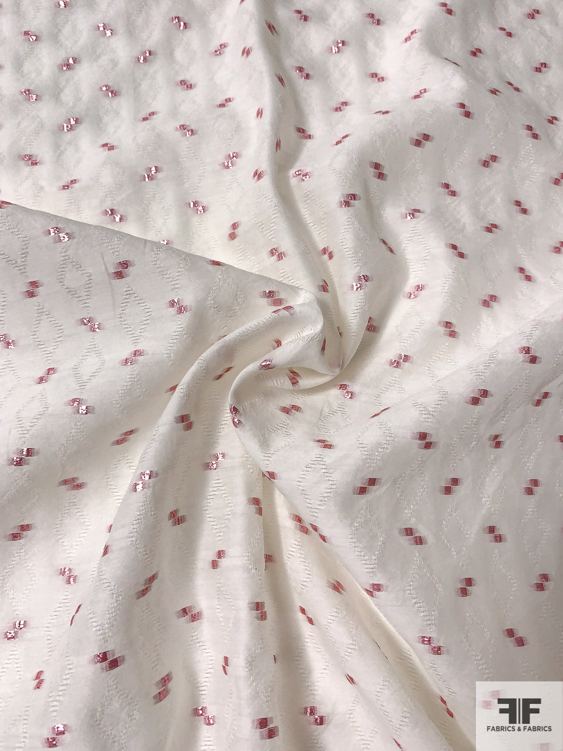 Italian Lurex Dotted Silk Blend Jacquard Gazar - White / Metallic Pink