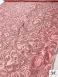Italian Hazy Groovy Floral Warp Printed Silk Blend Taffeta - Coral-Red / Ivory