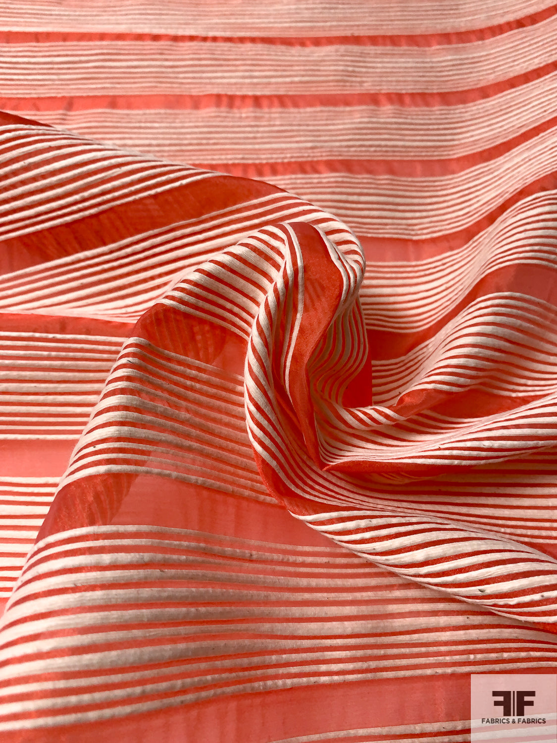 Italian Polyester Organza with Horizontal Cotton Yarn Stripes - Vibrant Coral / Cream