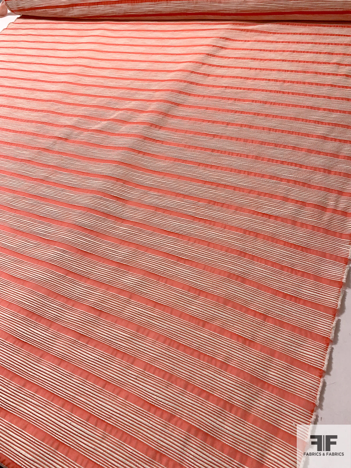 Italian Polyester Organza with Horizontal Cotton Yarn Stripes - Vibrant Coral / Cream