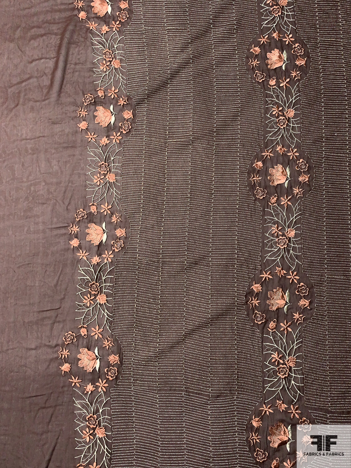Floral Wreath and Rows Embroidered Silk Chiffon with Lurex Detailing and Scalloped Edge - Brown / Cider Brown / Silver / Sage