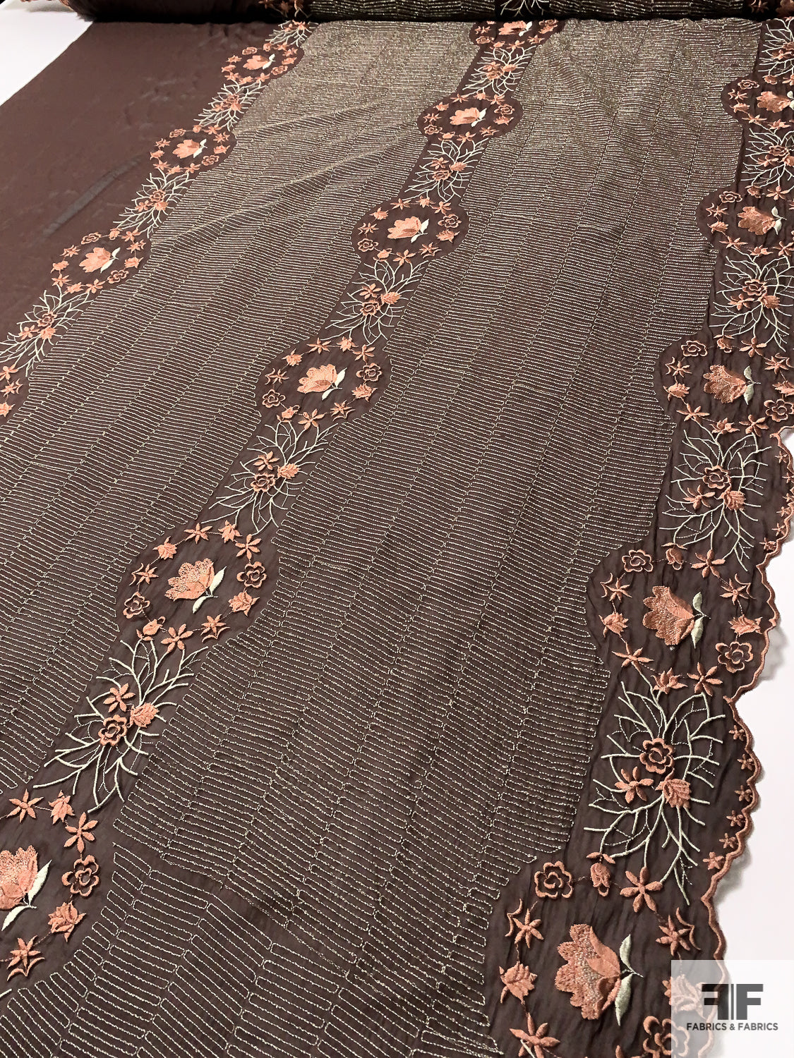 Floral Wreath and Rows Embroidered Silk Chiffon with Lurex Detailing and Scalloped Edge - Brown / Cider Brown / Silver / Sage