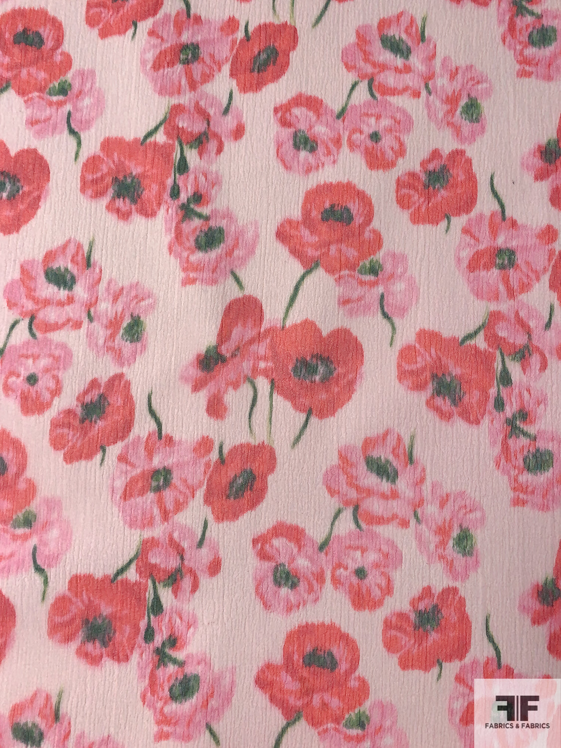 Italian Floral Poppy Printed Crinkled Polyester Organza - Hot Cherry / Shades of Pink
