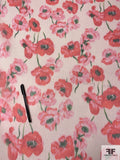 Italian Floral Poppy Printed Crinkled Polyester Organza - Hot Cherry / Shades of Pink
