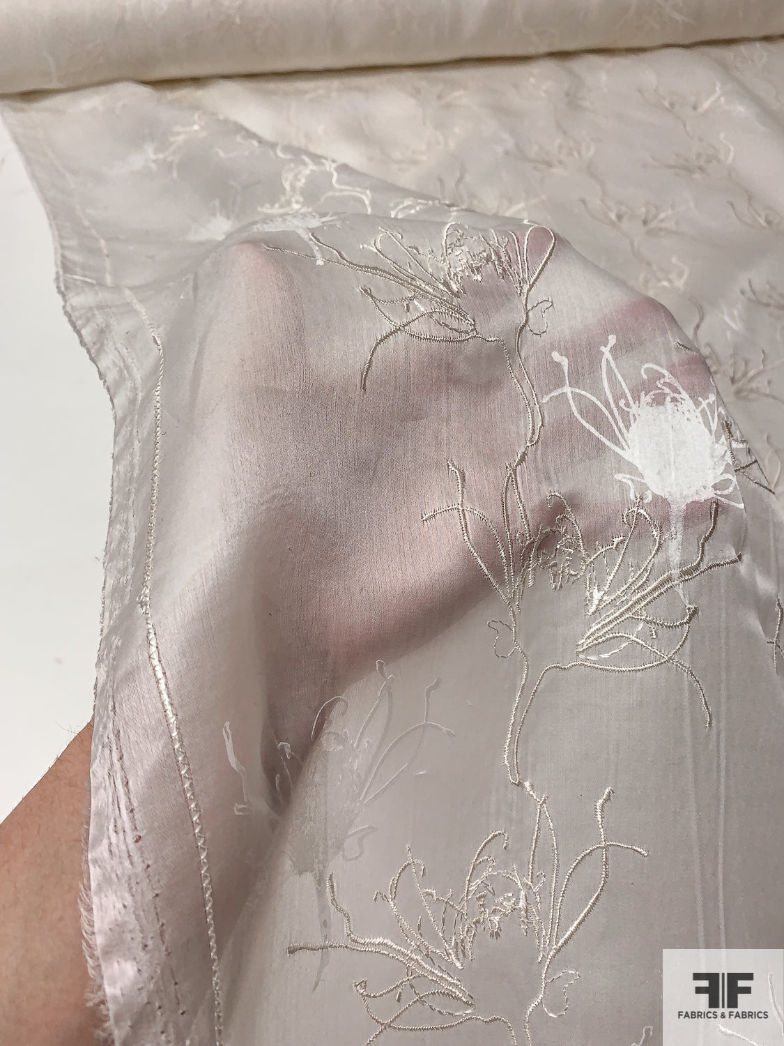 Italian Exotic and Ethereal Satin Face Organza with Floral Embroidery - White / Light Ivory