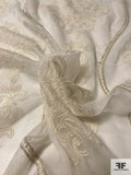 Crinkled Silk Chiffon with Embroidered Damask Frames and Lurex Detailing - Off-White / Ivory / Silver