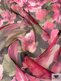 Pamella Roland Italian Floral Printed Marquisette Mesh Silk Organza - Magenta / Pink / Green / Black