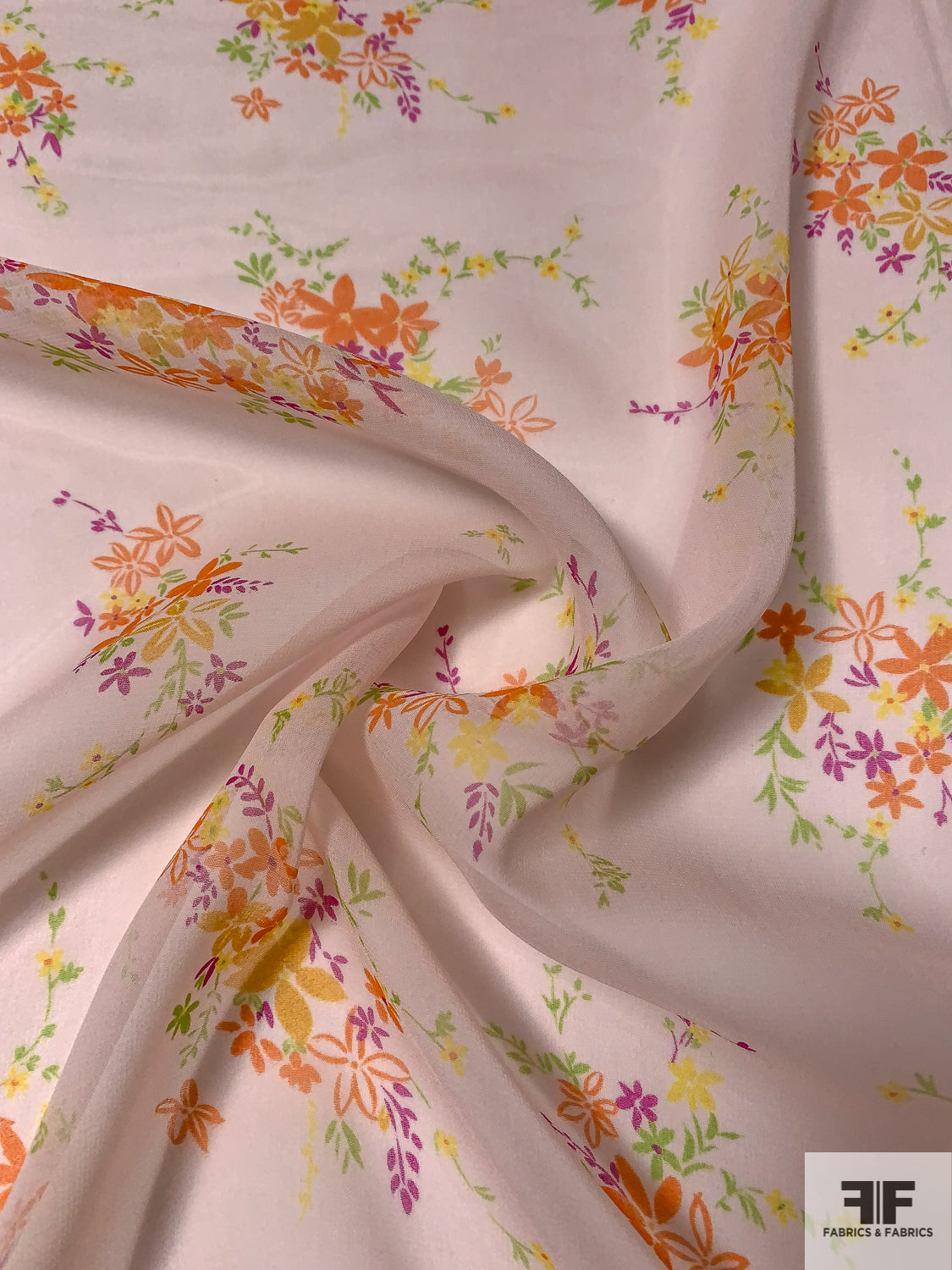 Dainty Floral Bouquets Printed Silk Chiffon - Light Pink / Orange / Lime / Orchid