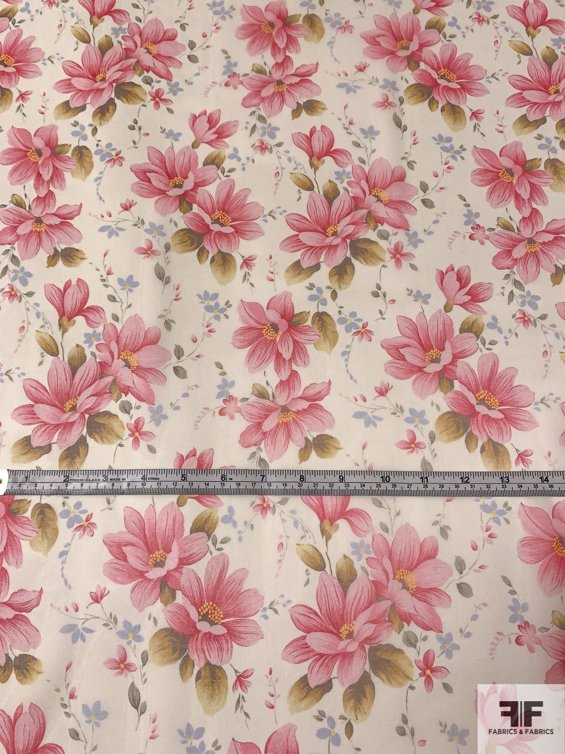 Blossomed Floral Printed Silk Chiffon - Shades of Pink / Periwinkle / Antique Gold