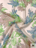 Clustered Floral and Leaf Bouquets Printed Silk Chiffon - Ballet Pink / Pink / Shades of Blue / Summer Green