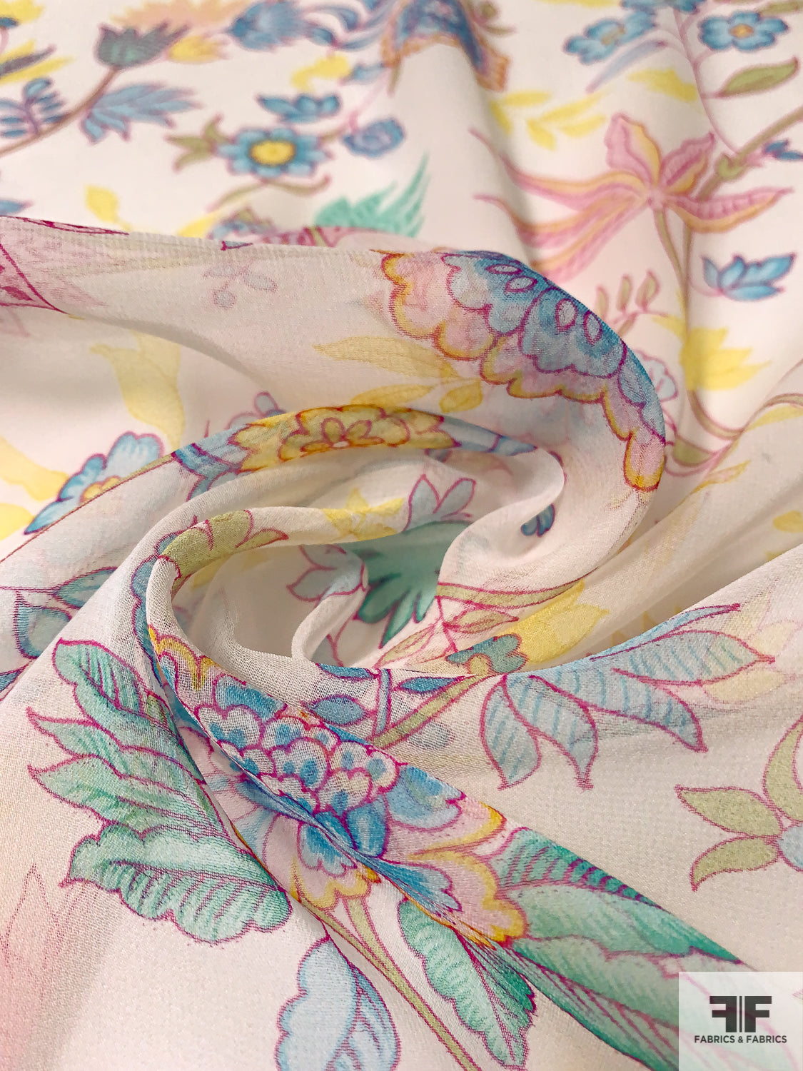 Floral Stems Printed Silk Chiffon - Light Ocean Blues / Magenta / Yellow / Off-White