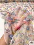 Floral Stems Printed Silk Chiffon - Light Ocean Blues / Magenta / Yellow / Off-White