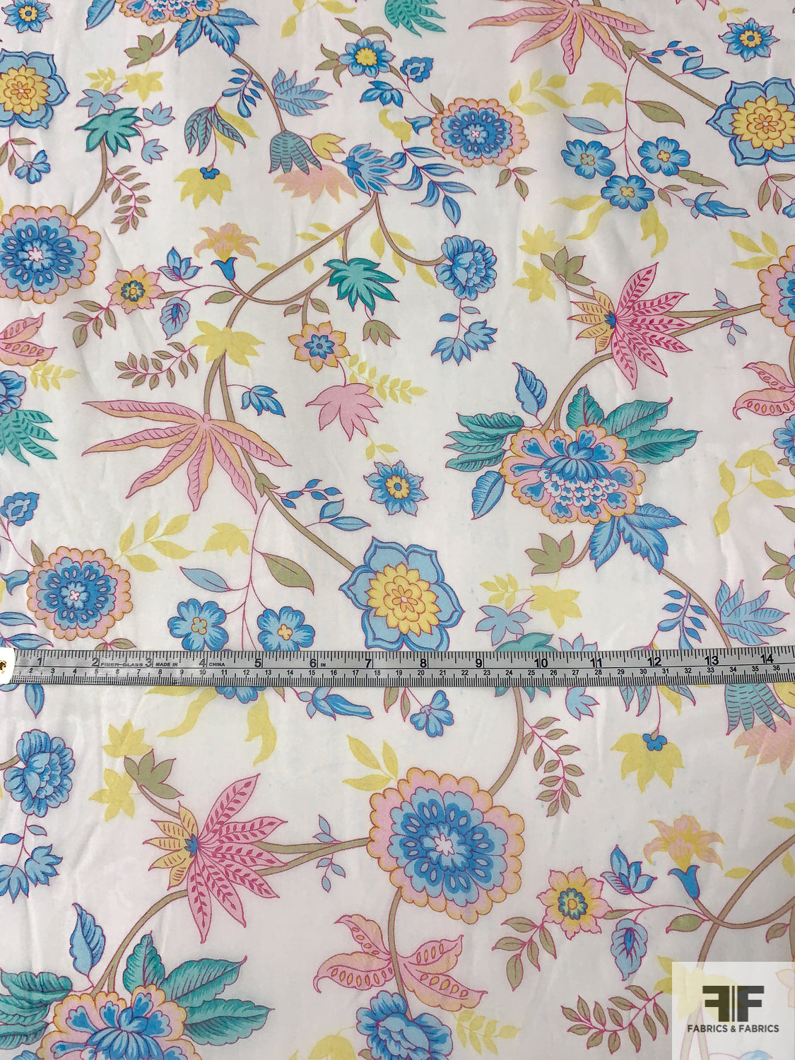 Floral Stems Printed Silk Chiffon - Ocean Blues / Magenta / Yellow / White
