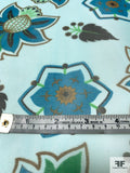 Graphic Leaf Theme Printed Silk Chiffon - Turquoise-Teal / Celeste / Green / Brown