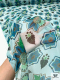 Graphic Leaf Theme Printed Silk Chiffon - Turquoise-Teal / Celeste / Green / Brown