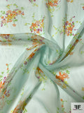Dainty Floral Bouquets Printed Silk Chiffon - Celeste / Orange / Violet / Green