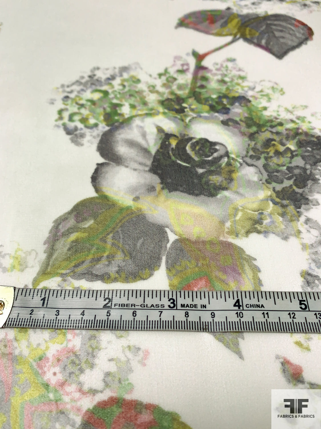 Floral Shrub Printed Silk Chiffon - Shades of Grey / Greens / Off-White
