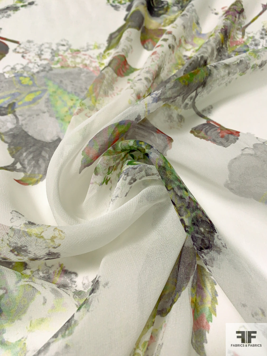 Floral Shrub Printed Silk Chiffon - Shades of Grey / Greens / Off-White
