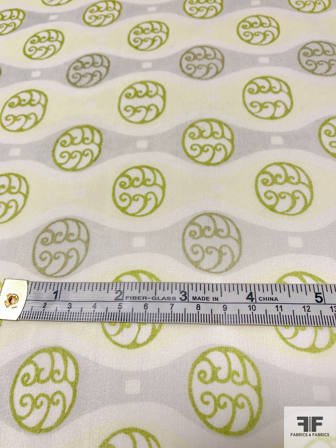 Gnarled Circles in Wavy Lines Printed Silk Chiffon - Lime Green / Olive / Light Grey / Yellow