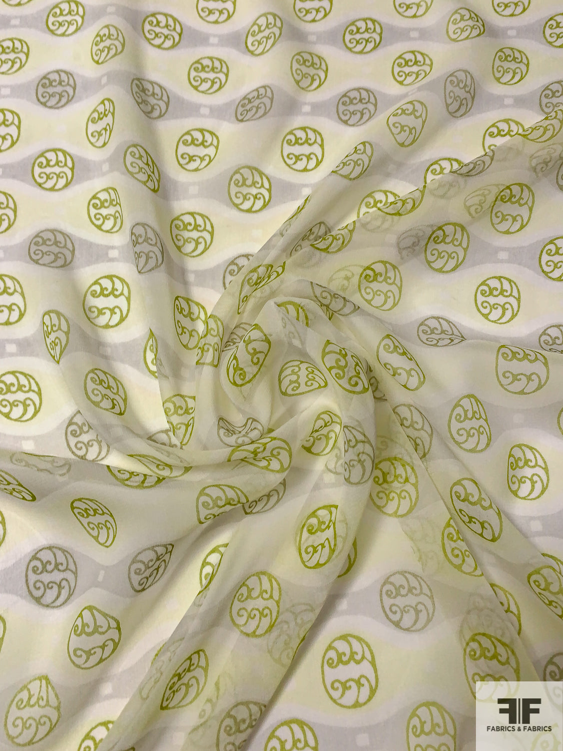 Gnarled Circles in Wavy Lines Printed Silk Chiffon - Lime Green / Olive / Light Grey / Yellow